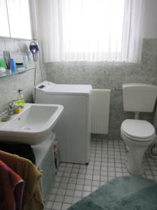 a bathroom with a white toilet and a sink at Nordsee und Natur. Gemütliche Fewo mit Deichblick in Dorum Neufeld