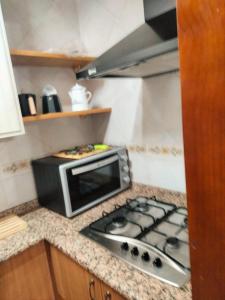 encimera de cocina con microondas y fogones en Casa los Ancares, en Vega de Espinareda