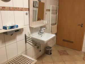 a bathroom with a sink and a mirror and a door at Ferienwohnung Saarleuchtturm in Ayl