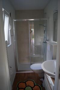 ein Bad mit einer Dusche, einem WC und einem Waschbecken in der Unterkunft Mobilheim und Blockhaus mit Seeblick in Sternberg