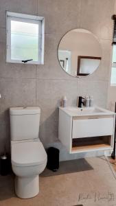 bagno con servizi igienici, lavandino e specchio di The Aloe a East London