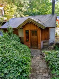 una pequeña casa de madera con una puerta en un jardín en Cabaña Los Helechos en San Martín de los Andes