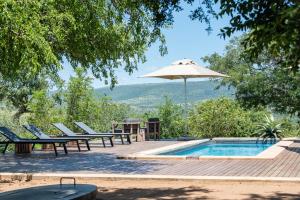 a swimming pool with chairs and an umbrella at Mavela Game Lodge in Manyoni Private Game Reserve