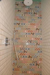 a shower with a mosaic wall in a bathroom at Au Vieux Chêne in Malmedy