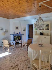 uma sala de estar com uma mesa e cadeiras e uma lareira em Appartamento Salvia em Acquedolci