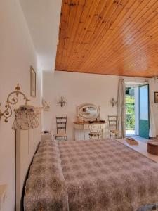 um quarto com uma cama grande e um tecto em madeira em Appartamento Salvia em Acquedolci