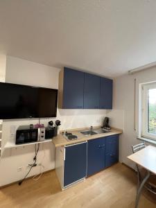 eine kleine Küche mit blauen Schränken und einem Waschbecken in der Unterkunft Apartment 6 am Stuttgarter Flughafen-Messe in Leinfelden-Echterdingen