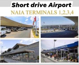 four pictures of a airport with the words short drive airport naja terminals at SHELL RESIDENCE C9 NEAR AIRPORT & MALL OF ASIA in Manila