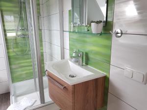 y baño con lavabo y ducha. en Gästehaus Arkona en Tönning