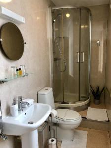 a bathroom with a shower and a toilet and a sink at Salisbury Guest House in Keswick