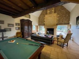 a living room with a pool table and a fireplace at Manoir de La Brunie-Grand Longere in Coux-et-Bigaroque