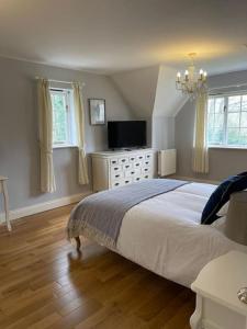 een slaapkamer met een groot bed en een televisie bij Large coastal cottage, private indoor pool, hut tub, sauna and steam pod in Weymouth