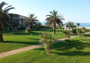 a lawn with palm trees in front of a house at Sol Apartament, fronte spiaggia in Silvi Marina