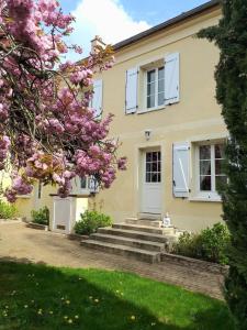 a yellow house with white windows and a dog sitting on the stairs at Appartements du Gue - A 10 minutes de Disneyland in Montévrain