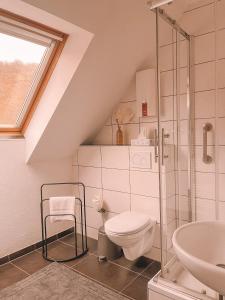 a bathroom with a toilet and a sink at Magaré Hotel & Restaurant in Lahnstein
