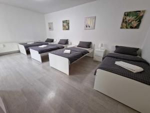 Cette chambre comprend quatre lits et canapés. dans l'établissement Ferienwohnung mit Smart-TV, à Burscheid