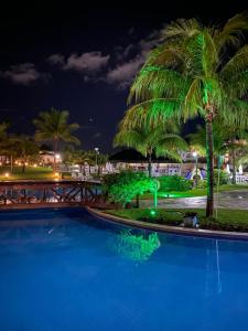 einen Swimmingpool mit Palme in der Nacht in der Unterkunft Beach Class Slin Muro Alto in Porto De Galinhas