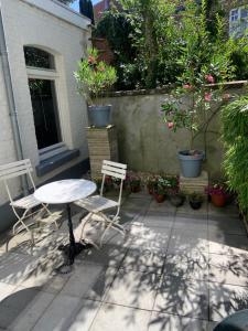 HS68-apartment في ماستريخت: فناء مع طاولة وكراسي والنباتات الفخارية