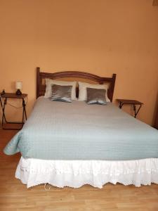a bedroom with a large bed with two pillows at Casa Dorada in San Pedro de Atacama