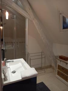 a bathroom with a white sink and a shower at LES TALOCHES in Tourtoirac