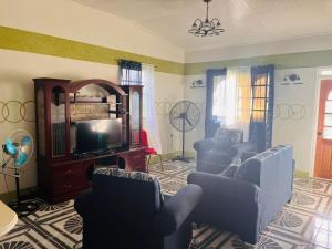 a living room with two chairs and a television at City View Accommodations in Roseau