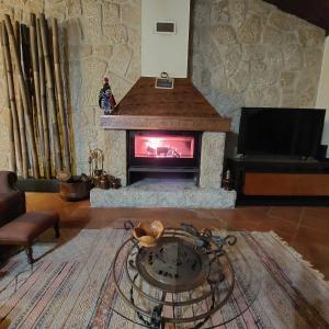 a living room with a fireplace and a tv at Casa da Terra - Gerês in Geres