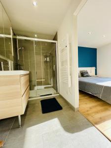 a bedroom with a bed and a glass shower at Residence Louis Quartier Casino in Vittel