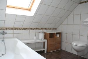La salle de bains est pourvue de toilettes avec lavabo et d'une lucarne. dans l'établissement Ferienhaus Helbig Buckow, à Buckow