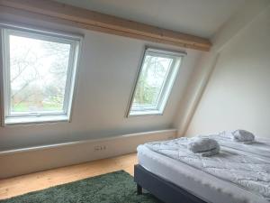 a bedroom with a bed and two windows at Mooi appartement in een prachtige fiets-wandelomgeving in Abcoude