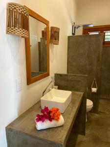 a bathroom with a sink and a toilet and a mirror at La belle de jour in Fortim +36 photos
