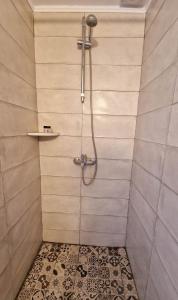 a bathroom with a shower with a tiled wall at Casa di Syrii in Ermoupoli
