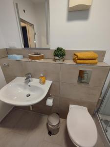 een badkamer met een wit toilet en een wastafel bij Ferienwohnung Leinetal in Elze