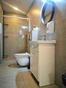 a bathroom with a toilet and a sink and a shower at Hostel 55 - darmowy parking in Wrocław