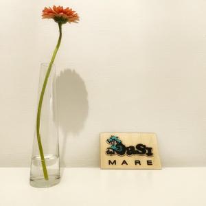 Un vaso con un fiore accanto a un cartello del testimone. di La Finestra Sull’Oasi a Genova