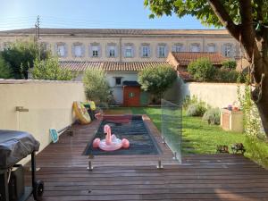 um quintal com dois flamingos cor-de-rosa numa piscina em Charmante maison de ville à Salon de Provence em Salon-de-Provence