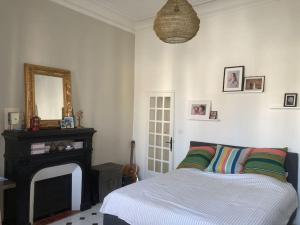 um quarto com uma cama, um espelho e uma lareira em Charmante maison de ville à Salon de Provence em Salon-de-Provence