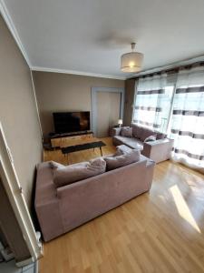 uma sala de estar com dois sofás e uma televisão em 3 chambres NETFLIX INCLUS em Troyes
