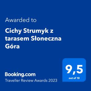 Certyfikat, podpis lub inny dokument wystawiony w obiekcie Cichy Strumyk z tarasem Słoneczna Góra