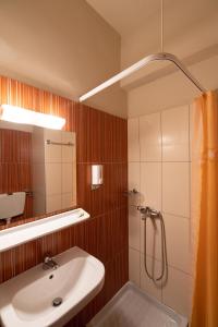 y baño con lavabo y ducha. en Hotel Ntinas en Tríkala