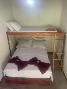 Ce lit se trouve dans un petit dortoir doté de lits superposés en bois. dans l'établissement Pousada Meraki Paraty Mirim, à Parati