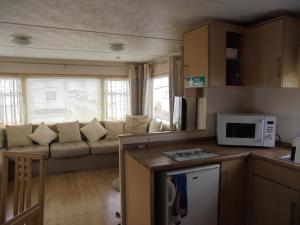 a kitchen and living room with a couch and a microwave at 6 Berth on Golden Anchor (Cascade) in Chapel Saint Leonards