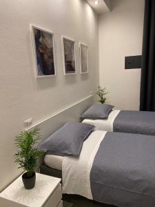 2 letti in una camera da letto con due piante sul muro di Residenza Via Verdi a Parma