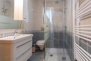La salle de bains est pourvue d'une douche, de toilettes et d'un lavabo. dans l'établissement Apartments Dream view, à Brela