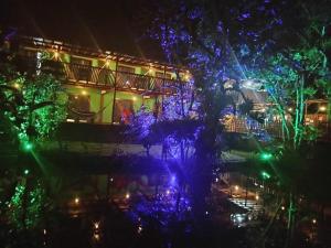 a house lit up at night with blue lights at Pousada Meraki Paraty Mirim in Paraty