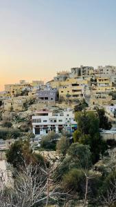 a group of buildings on a hill with trees at Ad Deir Guesthouse in Wadi Musa