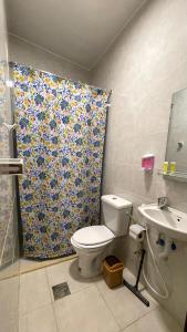 a bathroom with a toilet and a shower curtain at Ad Deir Guesthouse in Wadi Musa +22 photos