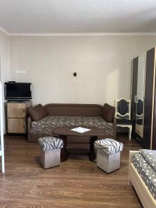 VIP hostel في موكاشيفو: غرفة معيشة مع أريكة وطاولة قهوة