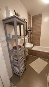 a bathroom with a sink and a shelf with towels at An der Stadtmauer in Halberstadt