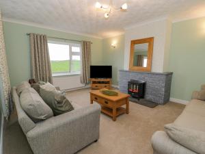a living room with a couch and a fireplace at Cynefin in Llandyfrydog