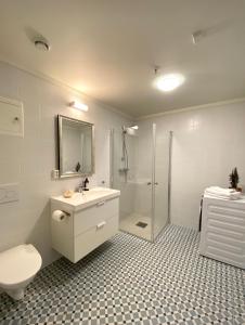 een badkamer met een douche, een wastafel en een toilet bij Storsand Gård in Trondheim